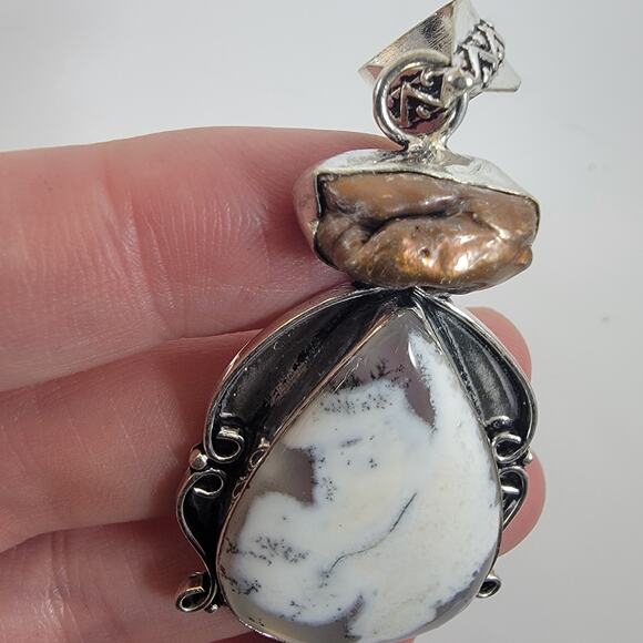 Handmade Silver Pendant with Dendritic Opal, Moonstone & Freshwater Pearl - Picture 8 of 10